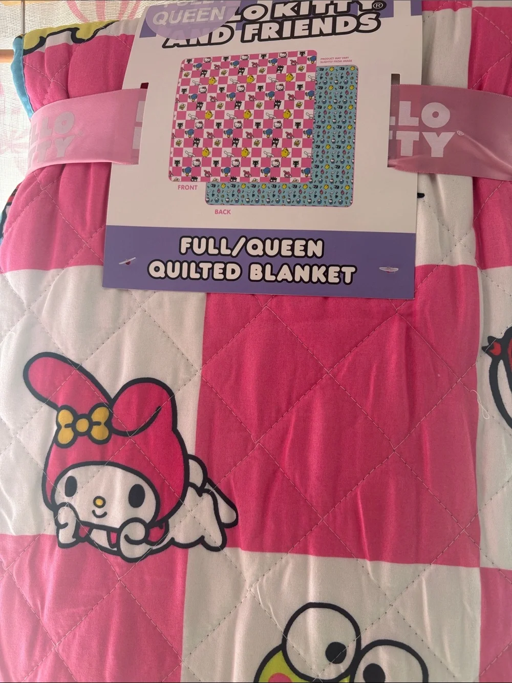 Sanrio Pink and White Checkered Quilted Blanket with Characters